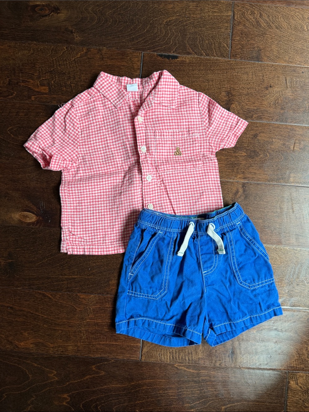 2-3Y Boden & 2T Gap Combo: Pink Gingham Button-Up Shirt & Blue Drawstring Shorts